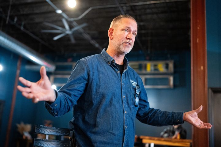 Dan Osborn, an independent seen here campaigning at a coffee shop in October, came within 7 points of unseating Sen. Deb Fischer (R-Neb.) in a deep red state.