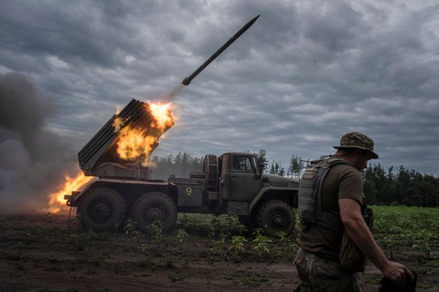 Ukrainian forces shoot toward Russian positions at the front line in Kharkiv region, Ukraine.