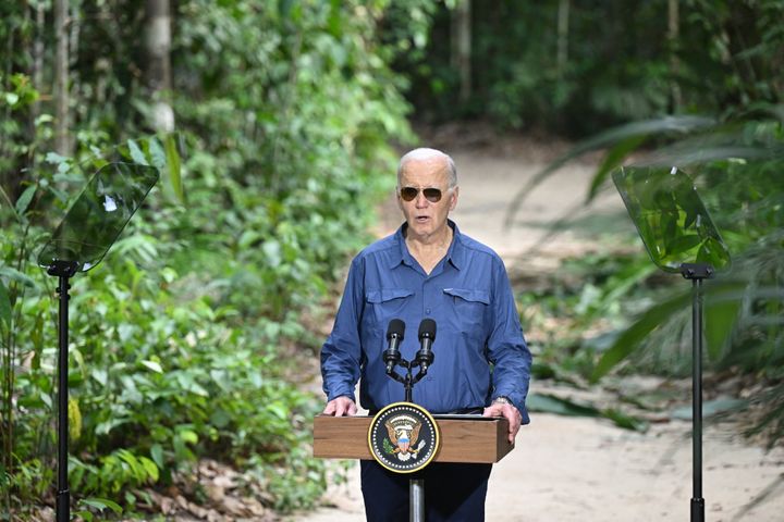 Joe Biden visiting the Amazon Rainforest in Manaus, Brazil, on Sunday.