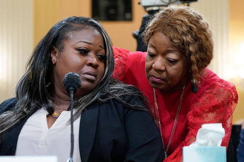 Wandrea "Shaye" Moss, a former Georgia election worker, is comforted by her mother Ruby Freeman, right, while appearing before the House select committee investigating the Jan. 6 attack on June 21, 2022.