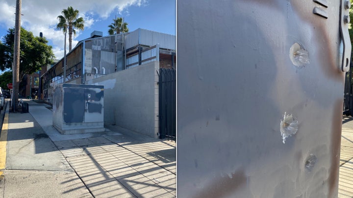 The electrical box that Christopher Farrell used as a shield during a shootout with police in the Little Italy neighborhood of San Diego on Nov. 13. Several bullets struck the metal surface.