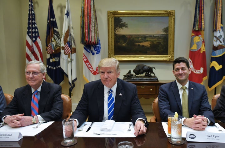 Then-President Donald Trump with Republican House and Senate leadership, including then-Senate Majority Leader Mitch McConnell (left) and then-House Speaker Paul Ryan, in the Roosevelt Room of the White House in 2017. 