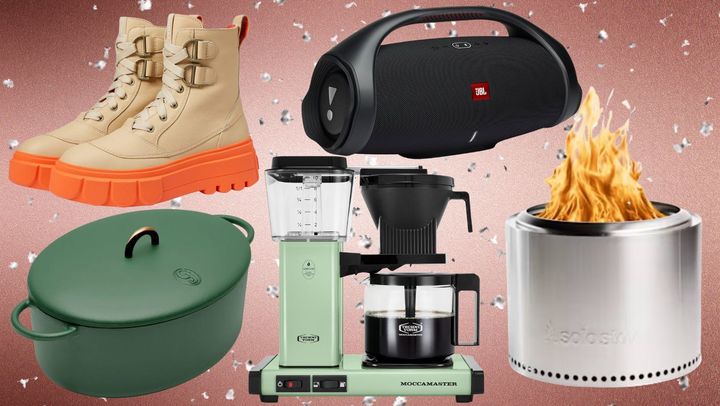 From bottom left to upper left: A Great Jones enameled Dutch oven, a pair of waterproof Sorel boots, a JBL Boombox 2 speaker, a Solo Stove portable bonfire and the Moccamaster coffee brewer.