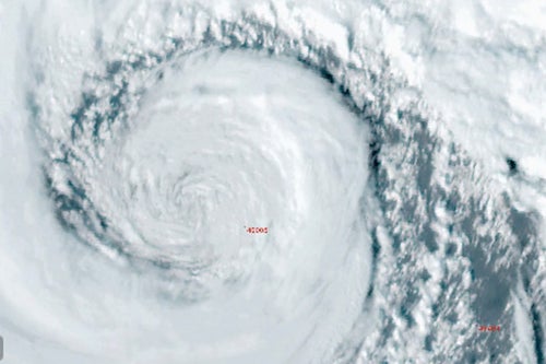 In this image made from video provided by National Weather Service Portland a powerful storm also called a 'bomb cyclone' rotates off the U.S. West Coast on Nov. 19, 2024.