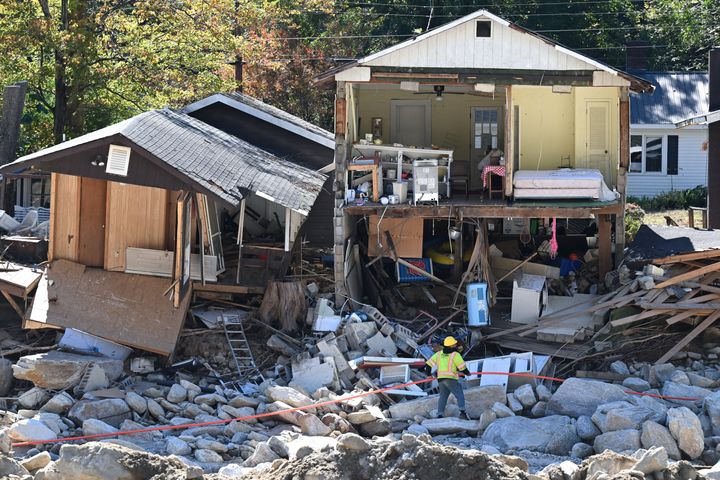 Homes destroyed by Hurricane Helene are seen along the Rocky Broad River in October 2024.