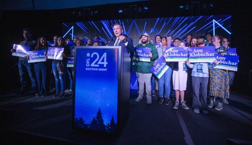 Ken Martin, the chair of the Minnesota Democratic-Farmer-Labor Party, addresses party faithful on election night this year in St. Paul, Minnesota. He has led the state party for over a decade.