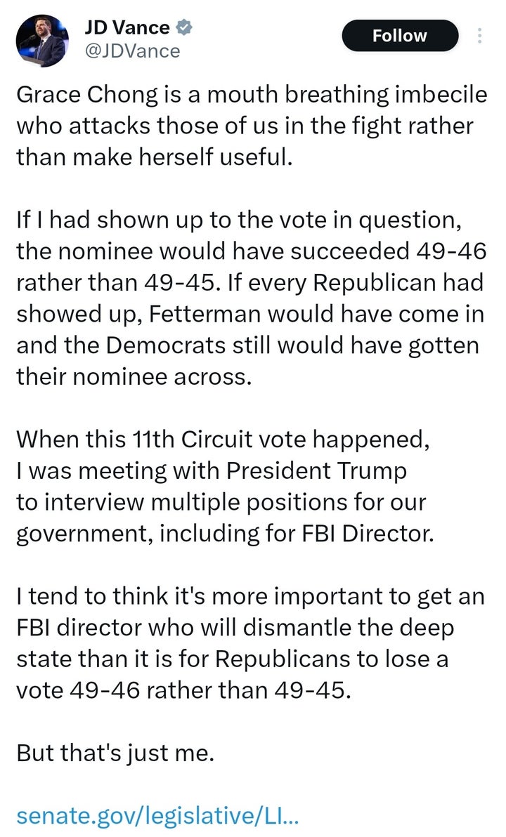 JD Vance tweeted, and then deleted, a post inadvertently revealing Trump is vetting potential FBI directors, meaning Trump is preparing to toss out current FBI director Christopher Wray. Oops.