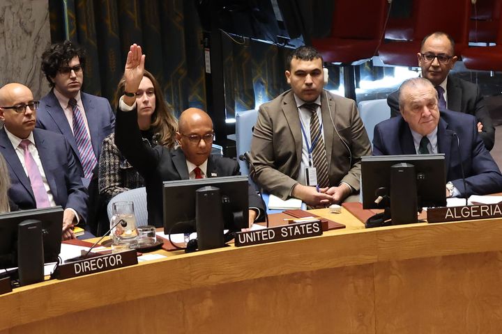 Robert Wood, deputy U.S. ambassador to the U.N., raises his hands to veto a draft United Nations Security Council resolution that calls for an immediate, permanent and unconditional cease-fire in Gaza and the immediate, unconditional release of hostages taken by Hamas, on November 20, 2024 in New York City. 