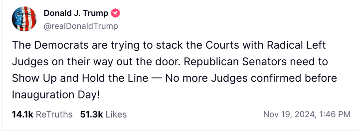 Trump yelled at Republican senators not to miss Senate votes on Biden's judges.