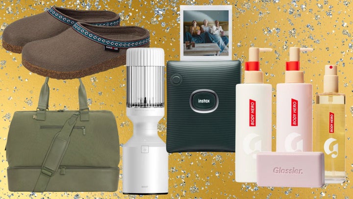 Bottom left to upper left: Béis weekender travel bag, a pair of natural wool slippers, a Beast portable blender set, a Fujifilm smartphone printer and the Glossier body care set.