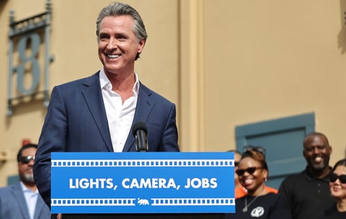 California Governor Gavin Newsom speaks during a press conference at Raleigh Studios unveiling a vast expansion of California’s Film and Television Credit Program on Oct. 27 in Los Angeles.