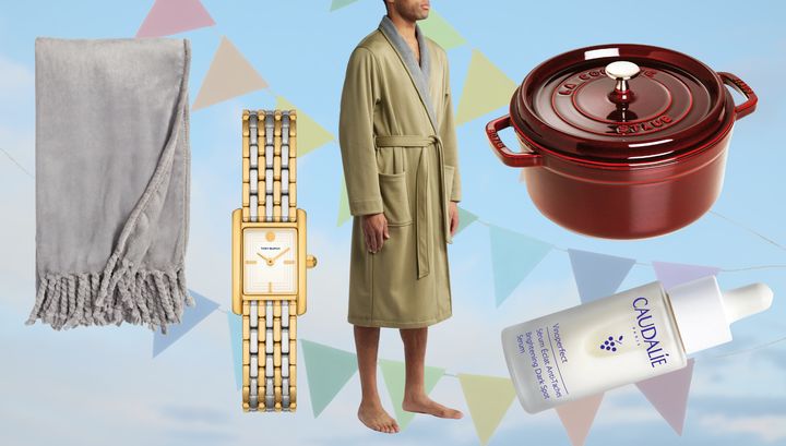 Bliss throw blanket, Tory Burch watch, fleece bathrobe, Staub Dutch oven and Claudalie Vinoperfect serum