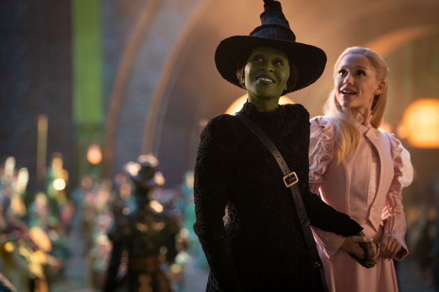 Cynthia Erivo as Elphaba and Ariana Grande as Glinda in 