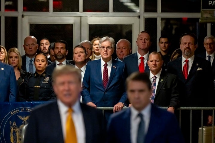 Pam Bondi, far left, traveled to Manhattan in May as Trump stood trial over hush money payments made to the adult film star Stormy Daniels. (Mark Peterson/Pool Photo via AP)