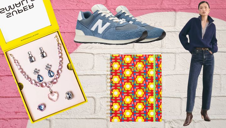 Super Smalls jewelry set, New Balance sneakers from Zappos, Ban.do monthly planner and Everlane's "way-high" jean