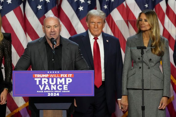 UFC CEO Dana White speaks beside Donald Trump and Melania Trump on election night.