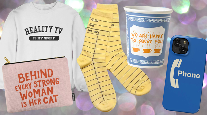 Reality TV sweatshirt, cat carry-all,library card socks, to-go coffee cup, phone booth case