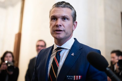 Pete Hegseth, President-elect Donald Trump's nominee to defense secretary, talks with reporters after meetings with senators and Vice president-elect Sen. JD Vance, R-Ohio, in Russell building on Thursday, November 21, 2024. (Tom Williams/CQ-Roll Call, Inc via Getty Images)