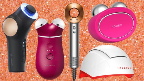 An all-in-one firming device, the NuFace Trinity, the Dyson Supersonic hair dryer a micro-current device by Foreo and a hair-restoring red light therapy helmet. 