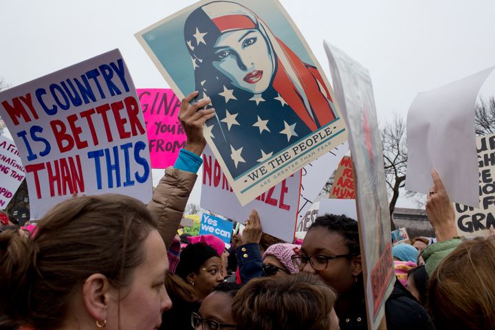 A day after Donald Trump's presidential inauguration in 2017, an estimated 600,000 anti-Trump protesters filled the streets during the Women's March in the area surrounding the Washington Mall.