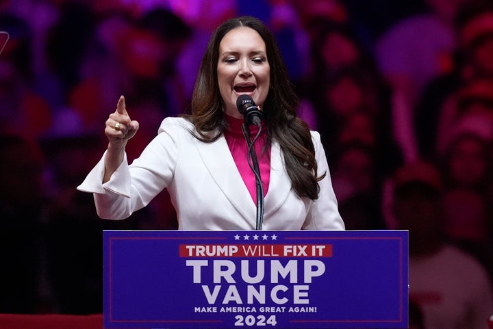 Brooke Rollins speaks before Republican presidential nominee former President Donald Trump speaks at a campaign rally at Madison Square Garden, Sunday, Oct. 27, 2024, in New York. (AP Photo/Evan Vucci)