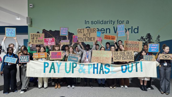 22 November 2024, Azerbaijan, Baku: Activists from Fridays for Future Germany demonstrate with other activists at the UN Climate Summit COP29. Photo: Larissa Schwedes/dpa (Photo by Larissa Schwedes/picture alliance via Getty Images)