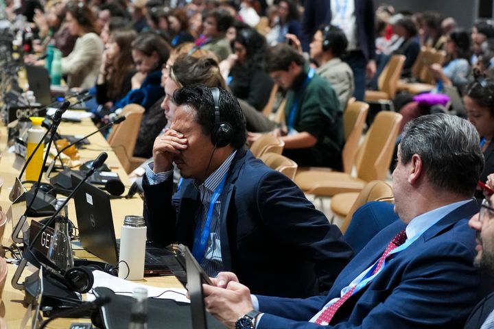 An attendee reacts during a closing plenary session at the COP29 U.N. Climate Summit, Sunday, Nov. 24, 2024, in Baku, Azerbaijan. (AP Photo/Joshua A. Bickel)