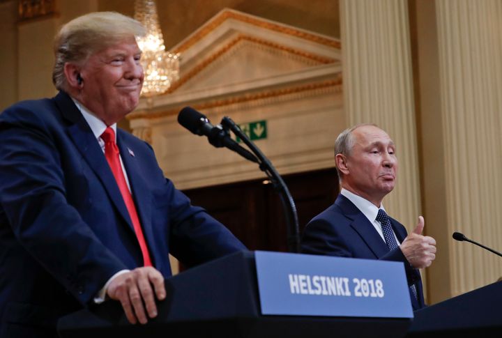 Russian President Vladimir Putin, right, and then-US President Donald Trump give a joint news conference at the Presidential Palace in Helsinki, Finland in 2018.