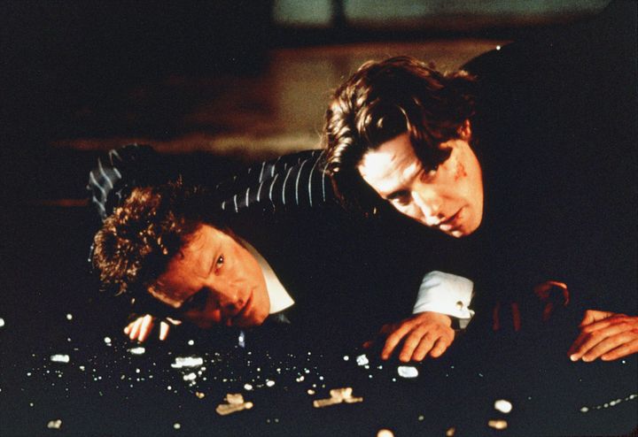 Colin Firth and Hugh Grant on the set of Bridget Jones's Diary