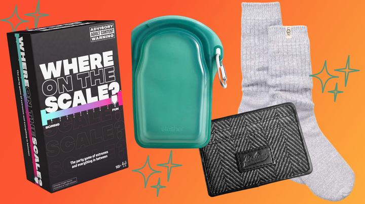 A "Where On The Scale?" card game, Stasher's Go bag, herringbone wallet and pair of Ugg socks.
