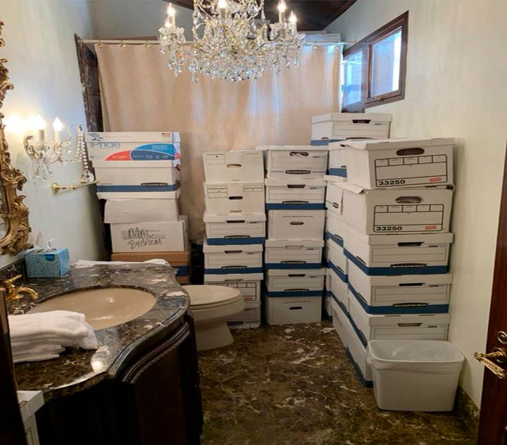 This image, contained in the indictment against former President Donald Trump, shows boxes of records stored in a bathroom and shower in the Lake Room at Trump's Mar-a-Lago estate in Palm Beach.