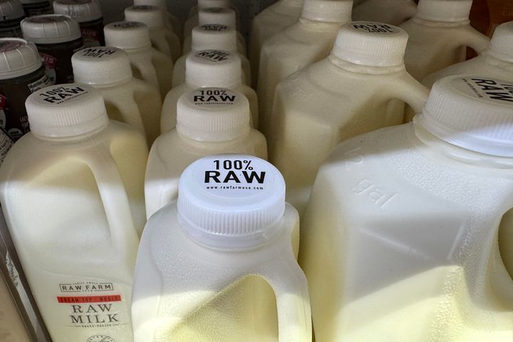 Containers of Raw Farm raw milk are displayed on a shelf at Berkeley Bowl on November 25, 2024 in Berkeley, California. Fresno County dairy Raw Farm has recalled its cream top raw milk after bird flu virus was found in a retail sample of the raw milk product over the weekend. Consumers should avoid consumption of the milk and are encouraged to return the product to the store where it was purchased.