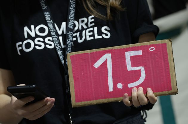 COP29で「1.5度」のプラカードを掲げる活動家＝2024年11月22日