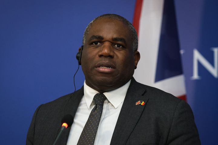 David Lammy speaks during a joint press conference with Moldova's Foreign Minister Mihai Popsoi and Romanian Foreign Minister Luminita Odobescu, in Chisinau, Moldova, Wednesday, Nov. 20, 2024. 