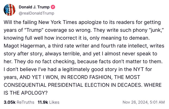 Donald Trump's post on Truth Social.