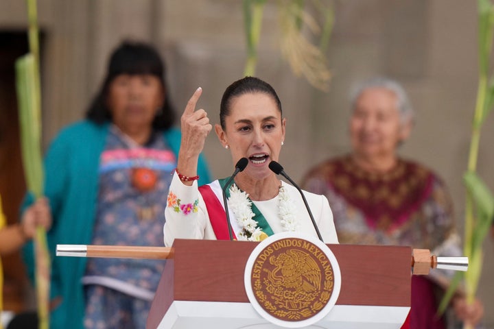 President Claudia Sheinbaum addresses supporters in the Zócalo, Mexico City's main square, on Oct. 1, 2024. (AP Photo/Fernando Llano, File)