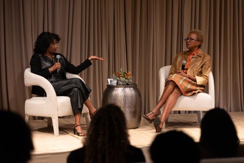 Roz Hudnell (left), a former vice president at Intel, and Paula Madison, CEO of Madison Media Management, discuss embracing your worth and purpose at the summit on Friday.