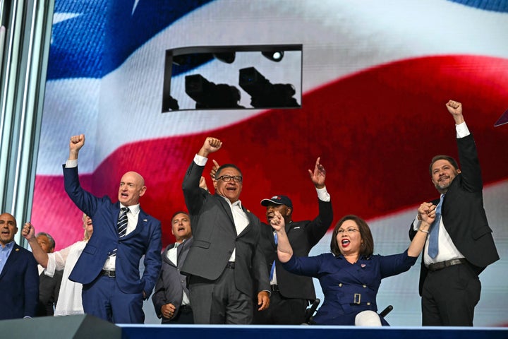 In speech at the Democratic National Convention, Gallego was joined by fellow Democratic veterans, from right: Sen. Tammy Duckworth (D-Ill.), Rep. Salud Carbajal (D-Calif.), and Sen. Mark Kelly (D-Ariz.).