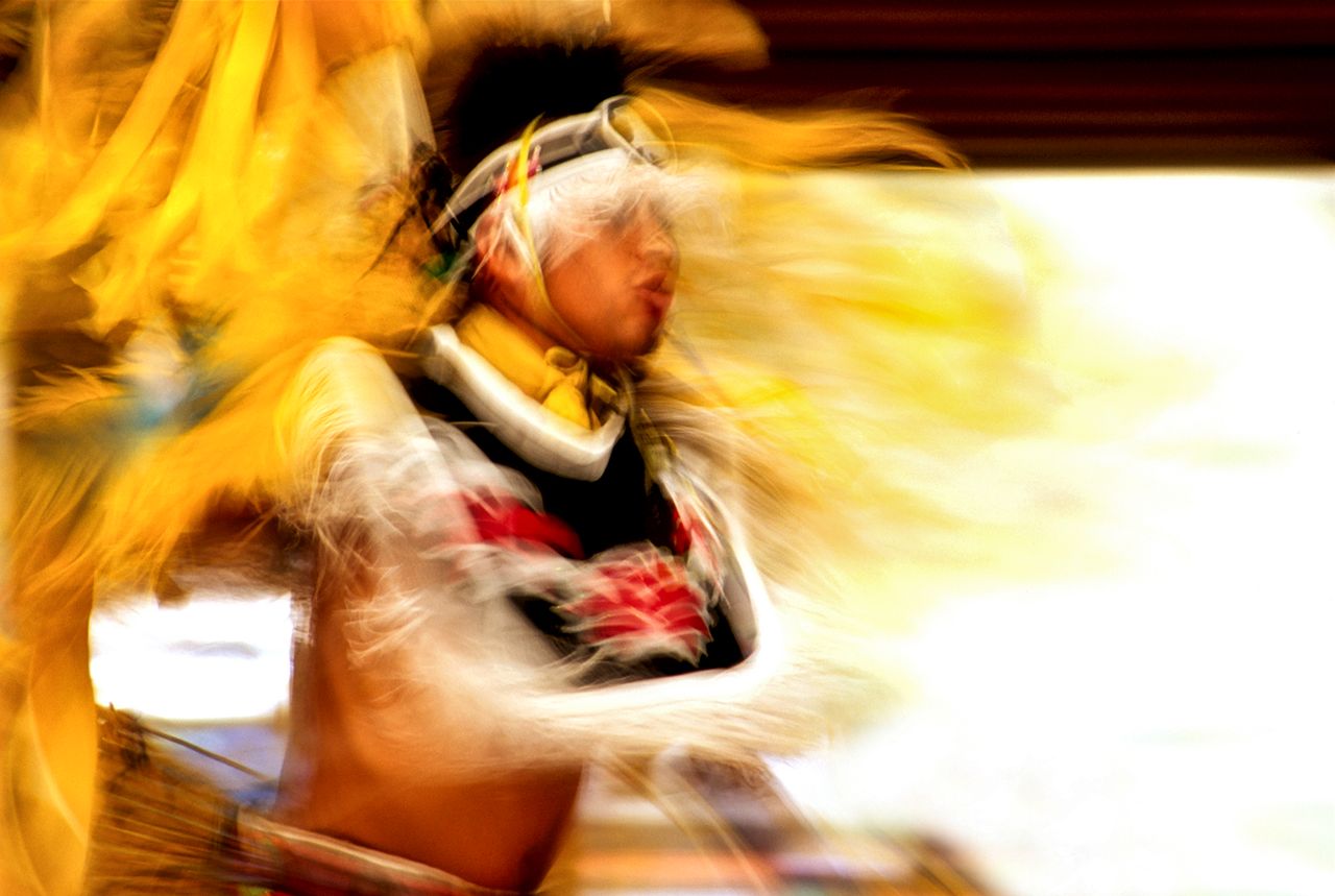 A fancy dancer dances at the Wallowa Band Nez Perce Tamkaliks Celebration of 2001. Pow wow dancing is one way that Native Americans across the United States and Canada have come together to build shared traditions and practices that unite Indigenous Peoples in cultural solidarity, and uphold universal Indigenous values of honoring each other and the lands that sustain their communities.