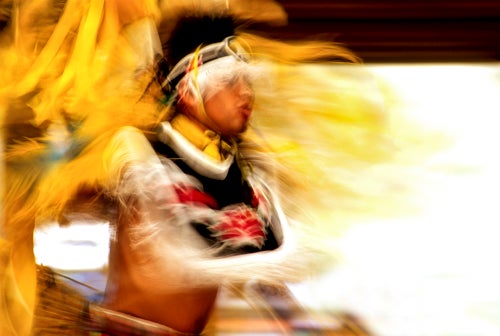 A fancy dancer dances at the Wallowa Band Nez Perce Tamkaliks Celebration of 2001. Pow wow dancing is one way that Native Americans across the United States and Canada have come together to build shared traditions and practices that unite Indigenous Peoples in cultural solidarity, and uphold universal Indigenous values of honoring each other and the lands that sustain their communities.