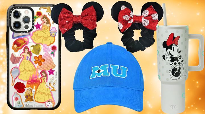 A Disney princess phone case from Casetify, a Monsters University hat, Minnie Mouse ear scrunchies and a Disney-themed Simple Modern tumbler from Amazon.