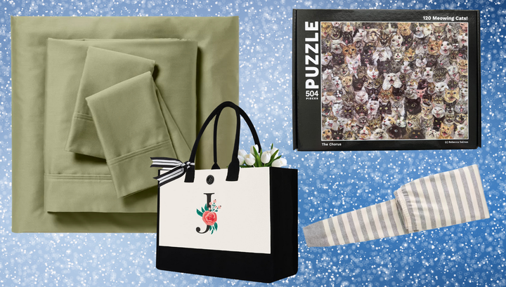 Target 400 thread-count sheet, monogram tote, cat puzzle and Hanna Andersson pajama pants
