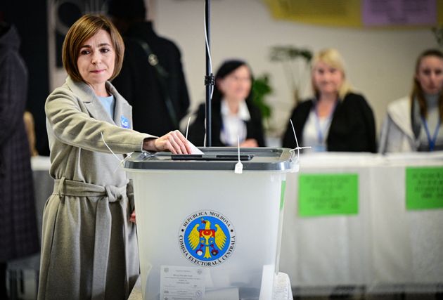 Moldova's current pro-EU president, Maia Sandu, casts her vote for the presidential election at a polling station in Chisinau on Nov. 3, 2024.