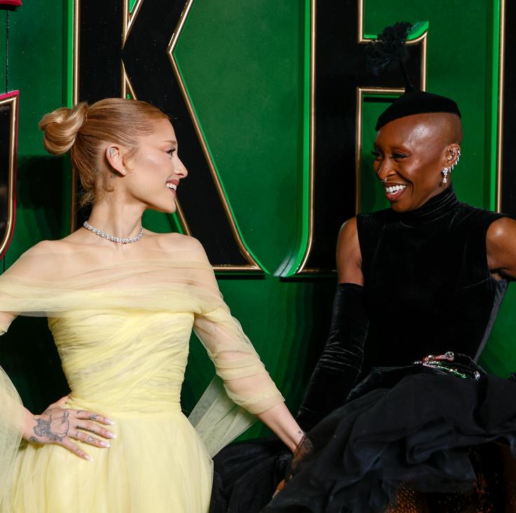 Ariana Grande, left, and Cynthia Erivo pose for photographers upon arrival at the premiere of "Wicked" on Nov. 18 in London.