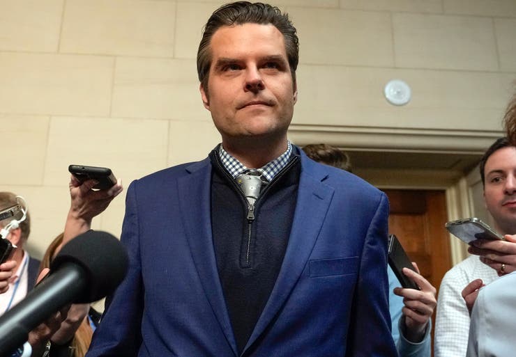 Rep. Matt Gaetz (R-Fla.) speaks to reporters on Capitol Hill in Washington, D.C., Oct. 23, 2023.
