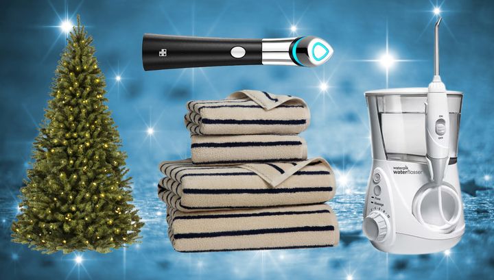 An artificial Christmas tree, Medicube beauty device, Brooklinen towel set and Waterpik flosser