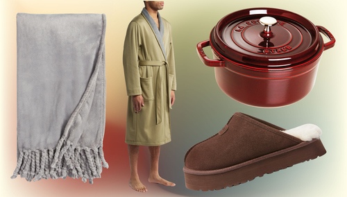 Bliss throw blanket, fleece bathrobe, Staub Dutch oven and Ugg slipper