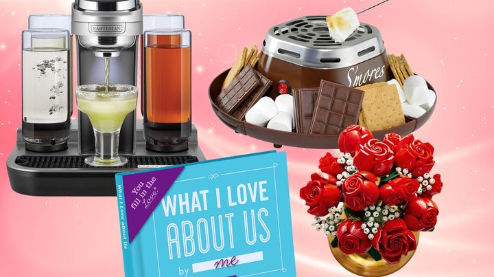 An indoor s'mores maker, a "What I Love About Us" fill-in-the-blank book, a Lego rose bouquet and a Bartesian cocktail machine from Amazon.