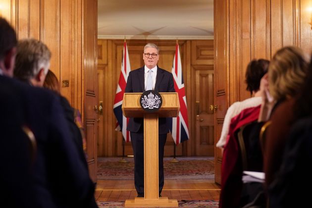 Britain's Prime Minister Keir Starmer speaks during a press conference on migration at 10 Downing Street, London, Thursday Nov. 28, 2024.