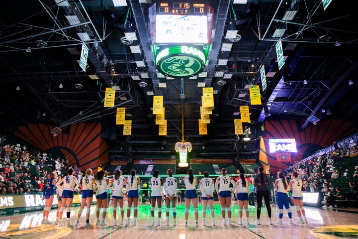 The San Jose State University Spartans line up for the playing of the national anthem and player introductions for their NCAA Mountain West women's volleyball game against the Colorado State University Rams in Fort Collins, Colo., on Thursday, Oct. 03, 2024. (Photo by Santiago Mejia/San Francisco Chronicle via Getty Images)